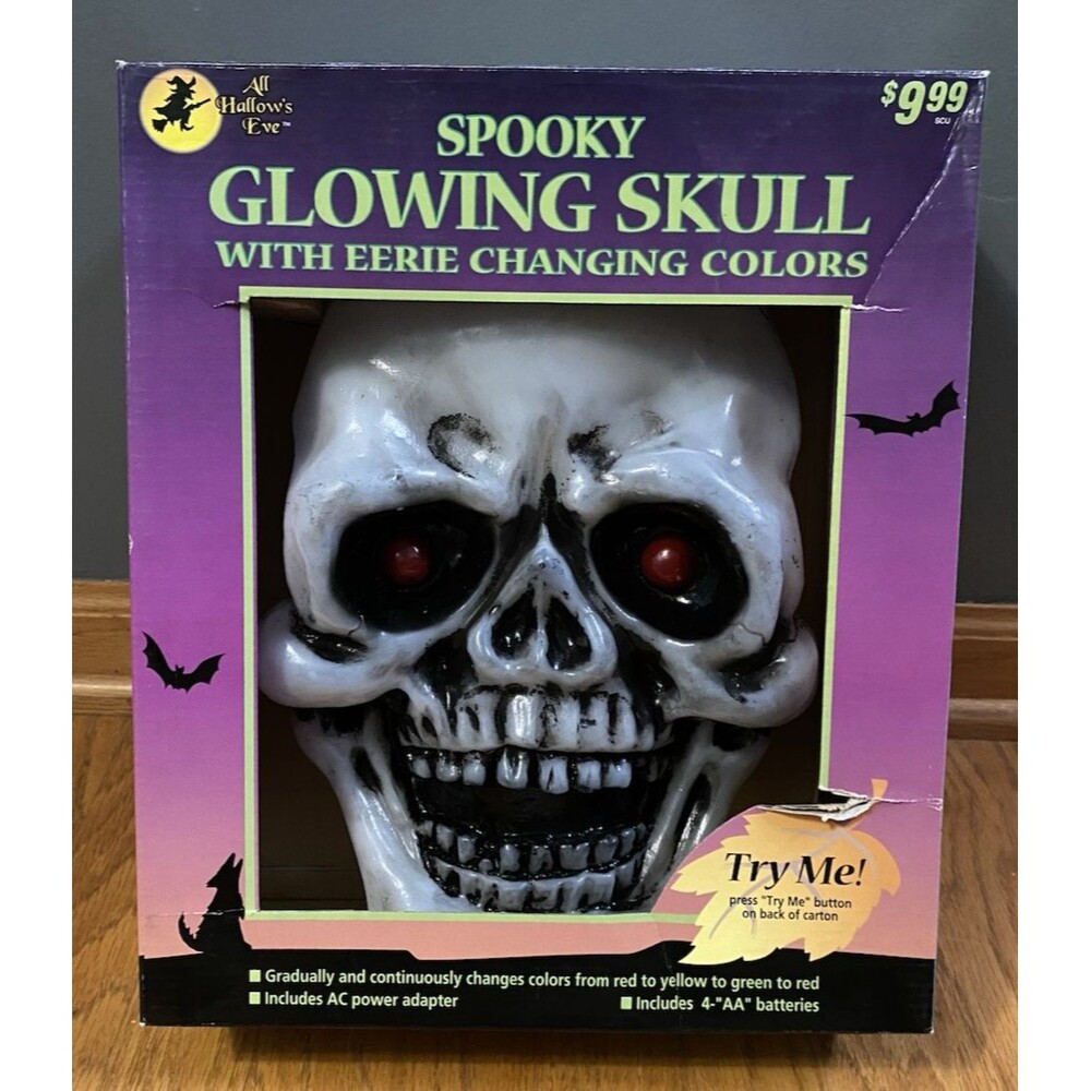 Vintage All Hallows Eve Halloween Spooky Glowing Skull Changing Color Sealed 12"